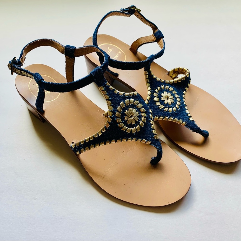 Jack Rogers Navy Denim and Gold Navajo Gladiator Sandals, Size 10